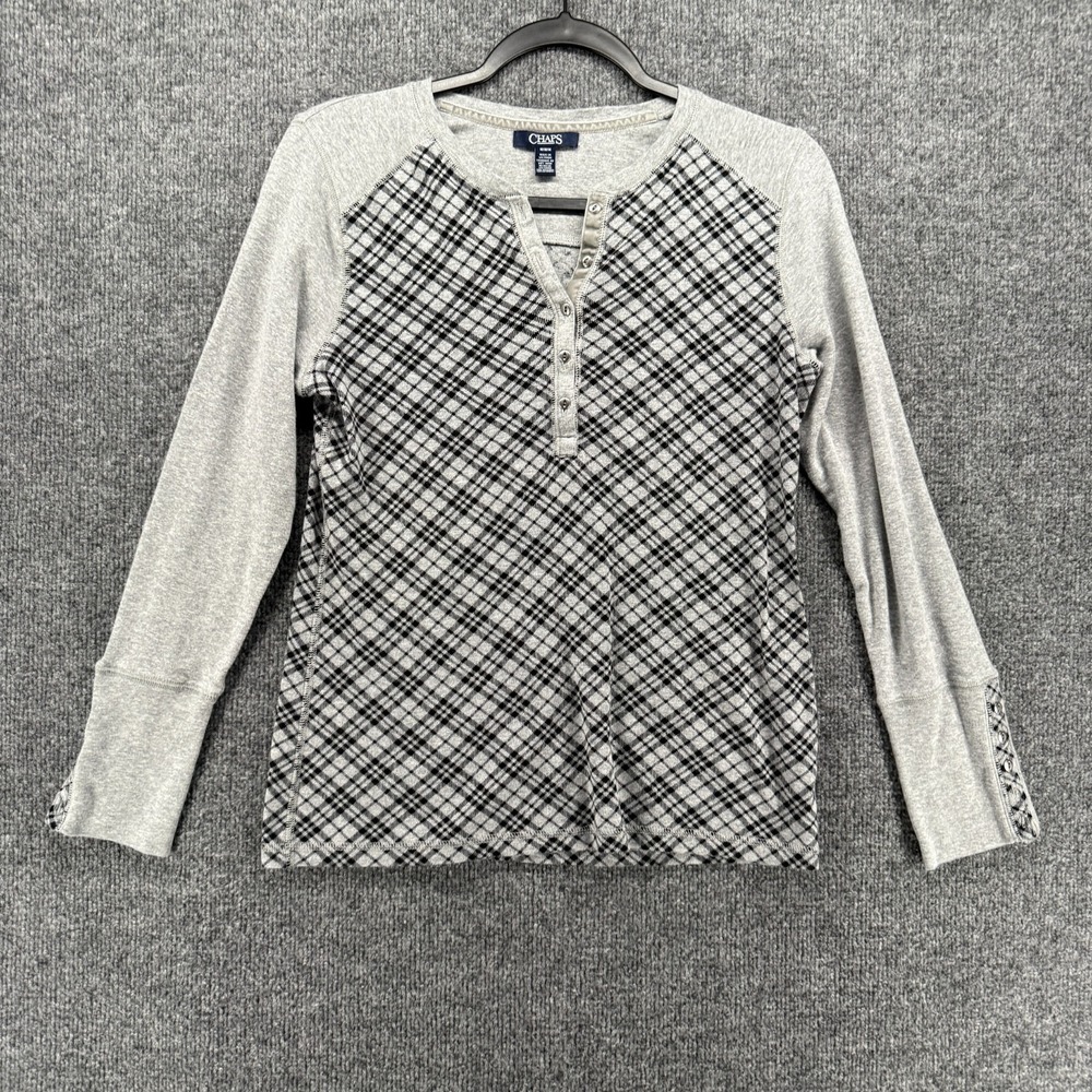 Chaps Top Womens M Gray Plaid Henley Cuff Sleeves Pullover Fitted Y2K Casual 90s